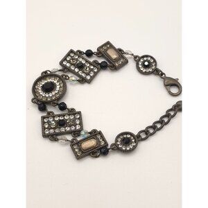 Vintage-Inspired Rhinestone & Black Beaded Bracelet Antique Finish